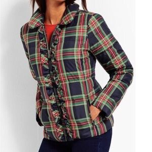Talbots Tartan Plaid Down Puffer Jacket Ruffle MP Petite Holiday Festive Novelty